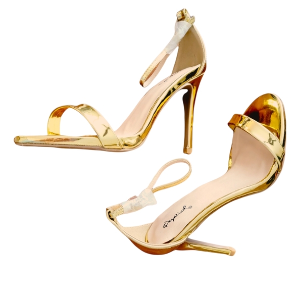 Qupid Gold Vegan Patent Leather Ankle Straped Stilettos - Picture 1 of 7